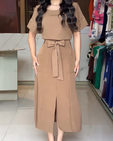 2 Pieces Outfit Round Neck Short Sleeve Top and High Waist Slit Skirt Set With Pockets